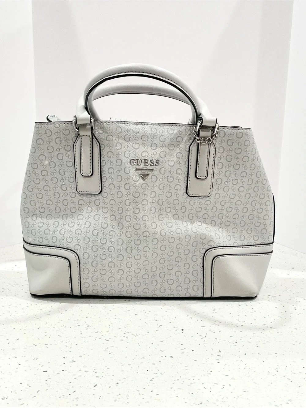 GUESS White Logo-Print Satchel with Silver Hardware
